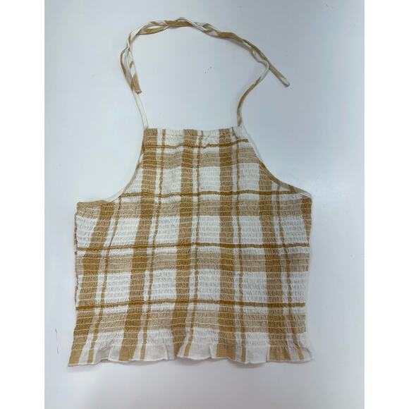 American Eagle Womens Top Size Medium Brown White Plaid Cropped Halter String - Picture 1 of 11
